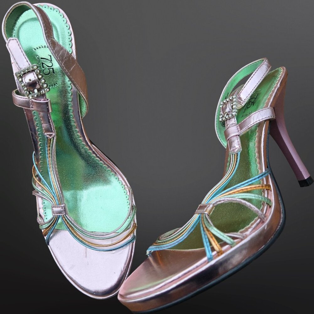 Y2K Pink Metallic Stiletto Sandals Size 6.5 Rhinestone Buckles Mcbling Prom